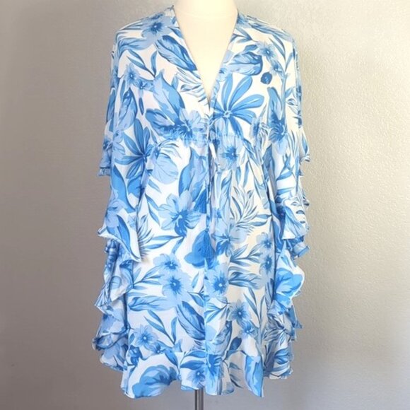 Kori  M/L Swim Cover Up White Blue Florals front Tie Kaftan - Picture 1 of 7